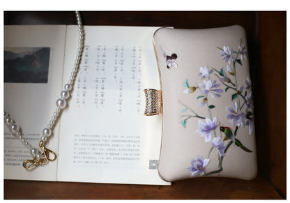 [Chinoiserie] White Magnolia Double Side Embroidery Clutch Bag