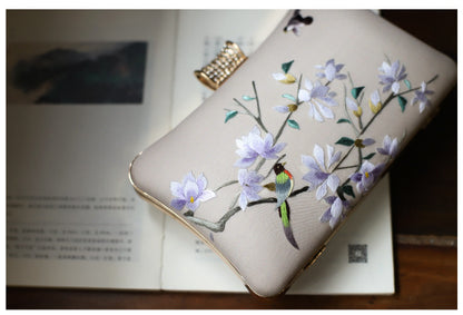 [Chinoiserie] White Magnolia Double Side Embroidery Clutch Bag