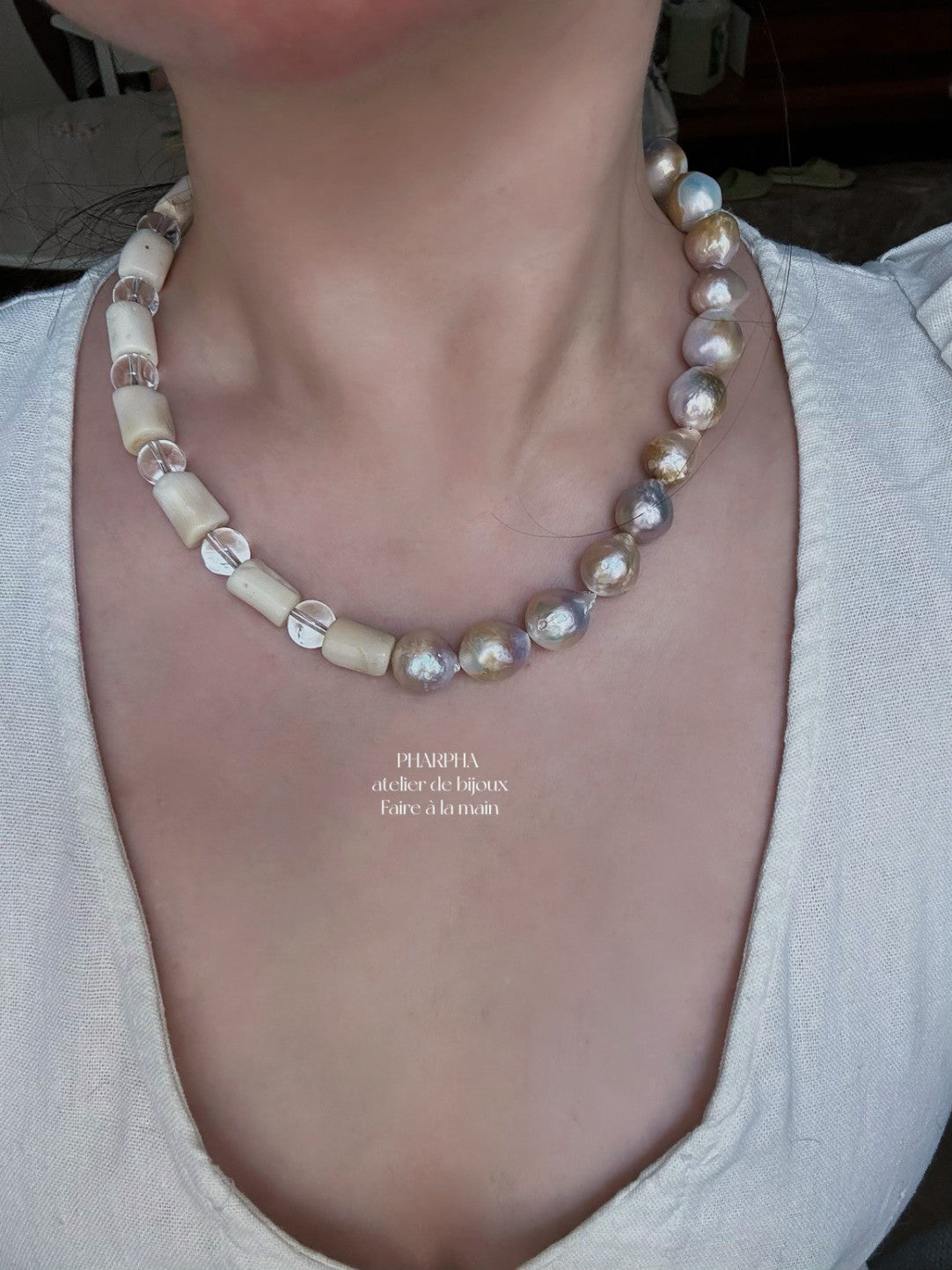 Colorful Gold Baroque Pearl Crystal Beaded Necklace