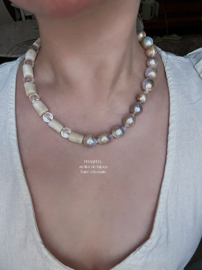 Colorful Gold Baroque Pearl Crystal Beaded Necklace