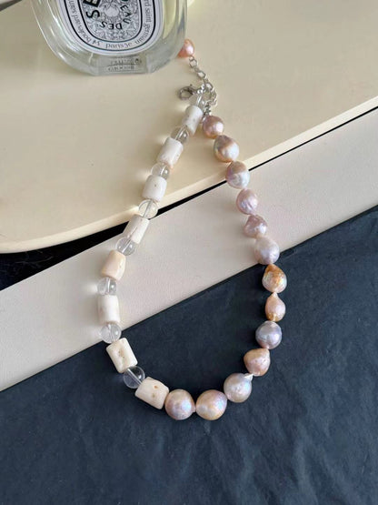 Colorful Gold Baroque Pearl Crystal Beaded Necklace