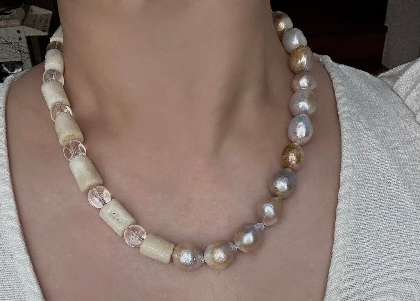 Colorful Gold Baroque Pearl Crystal Beaded Necklace