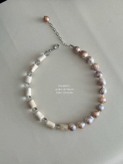 Colorful Gold Baroque Pearl Crystal Beaded Necklace
