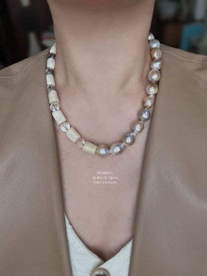 Colorful Gold Baroque Pearl Crystal Beaded Necklace