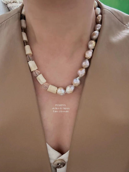 Colorful Gold Baroque Pearl Crystal Beaded Necklace