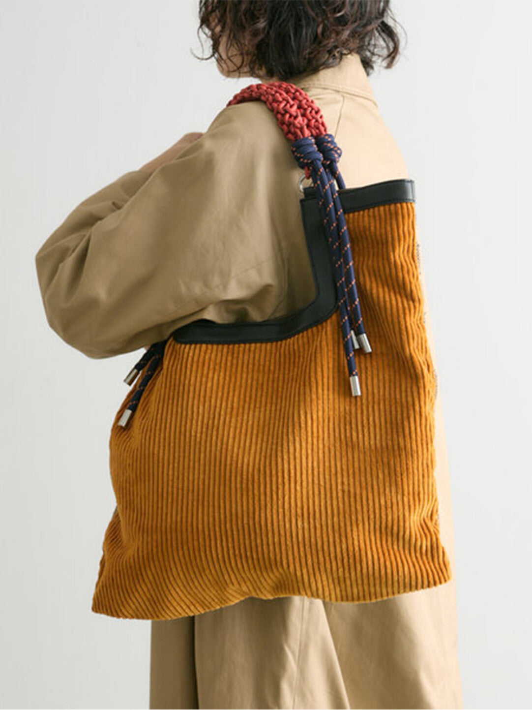 Corduroy Woven Rope Strap Tote Bag