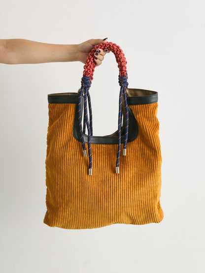 Corduroy Woven Rope Strap Tote Bag