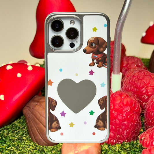 Cosmic Heart Pup: Silver Mirror Rhinestone Case