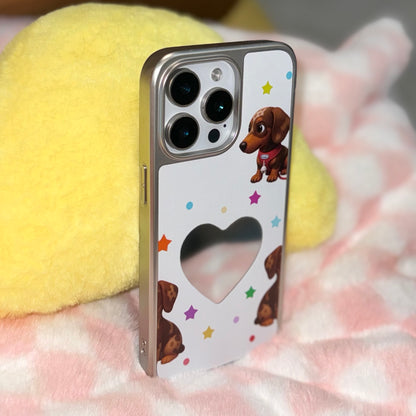 Cosmic Heart Pup: Silver Mirror Rhinestone Case