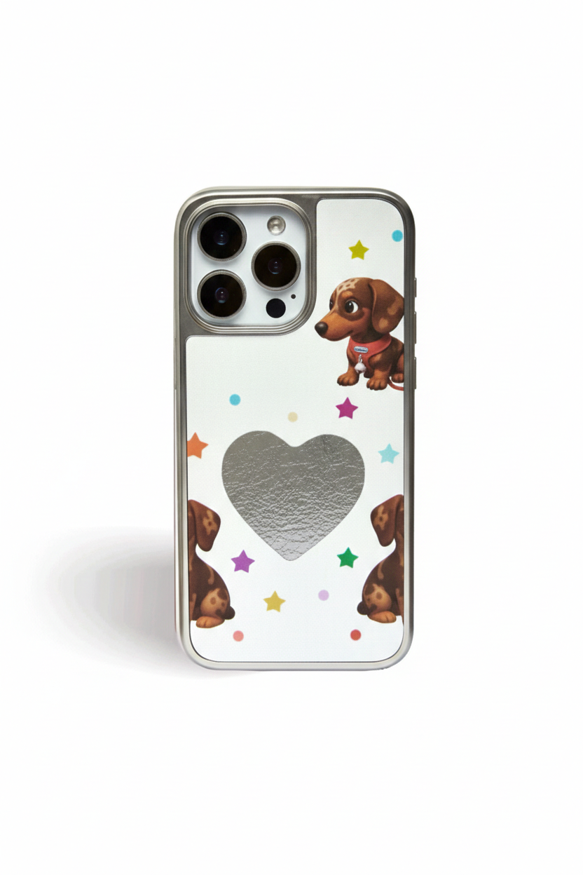 Cosmic Heart Pup: Silver Mirror Rhinestone Case