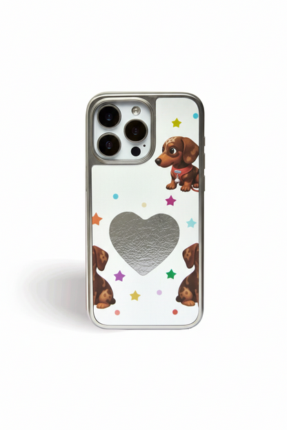 Cosmic Heart Pup: Silver Mirror Rhinestone Case