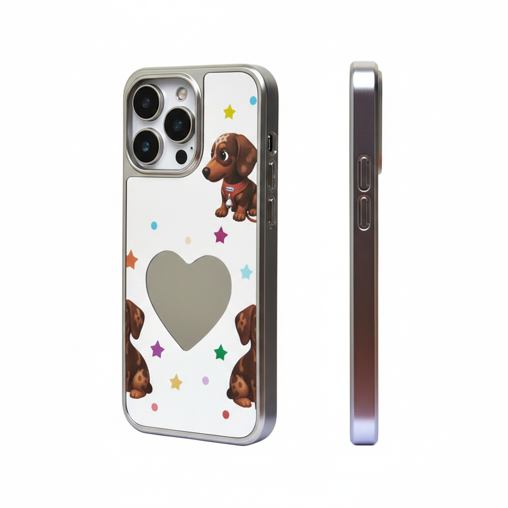 Cosmic Heart Pup: Silver Mirror Rhinestone Case