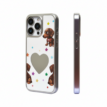 Cosmic Heart Pup: Silver Mirror Rhinestone Case