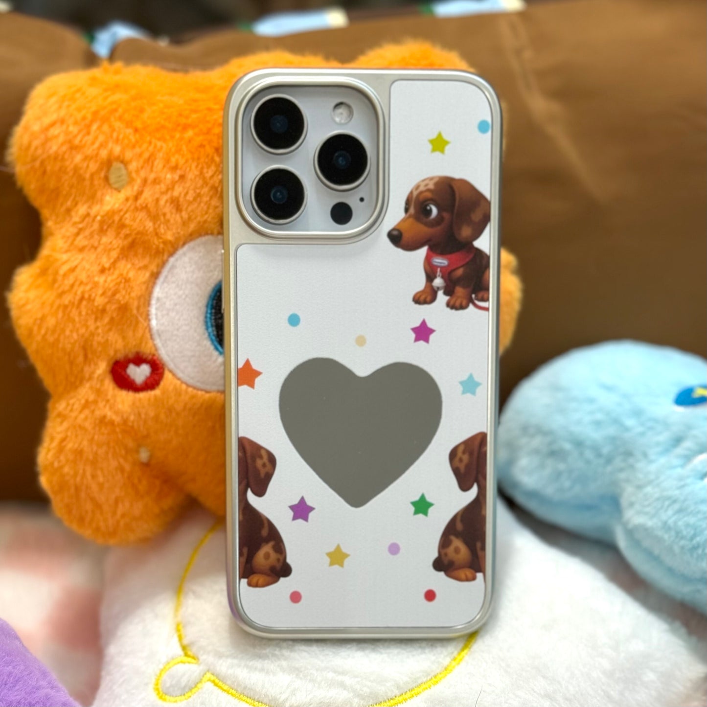 Cosmic Heart Pup: Silver Mirror Rhinestone Case