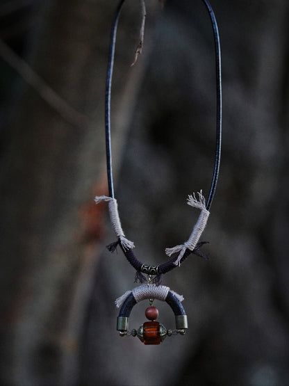 Leather Braided Sandalwood Glass Necklace