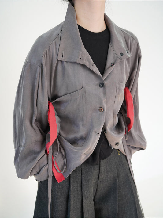 Creative Gray-Red Drawstring Outerwear