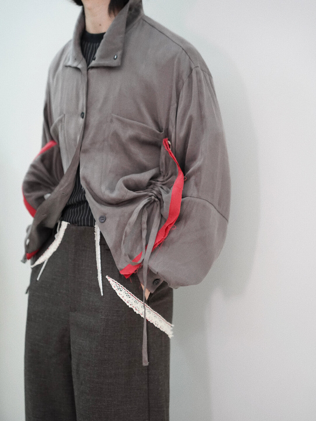 Creative Gray-Red Drawstring Outerwear
