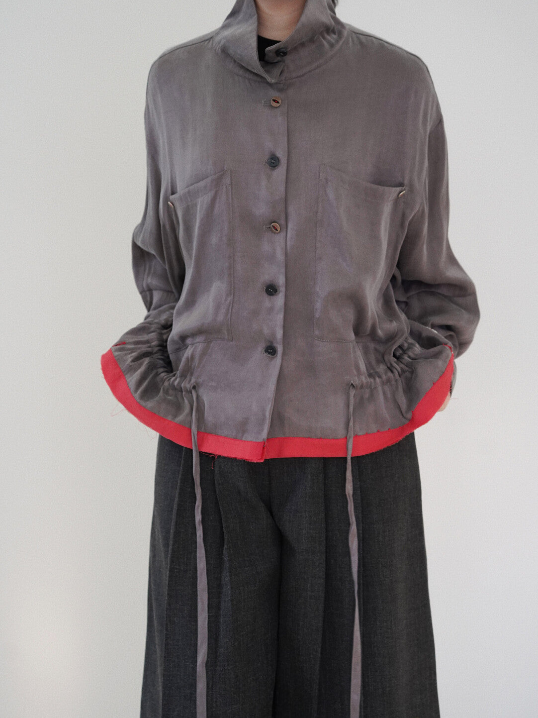 Creative Gray-Red Drawstring Outerwear