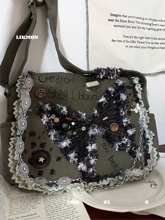 Crochet Butterfly Patch Messenger Bag