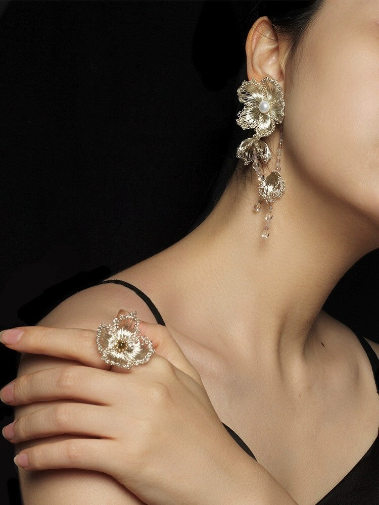 Crochet Hawthorn Flowers Tassel Earrings