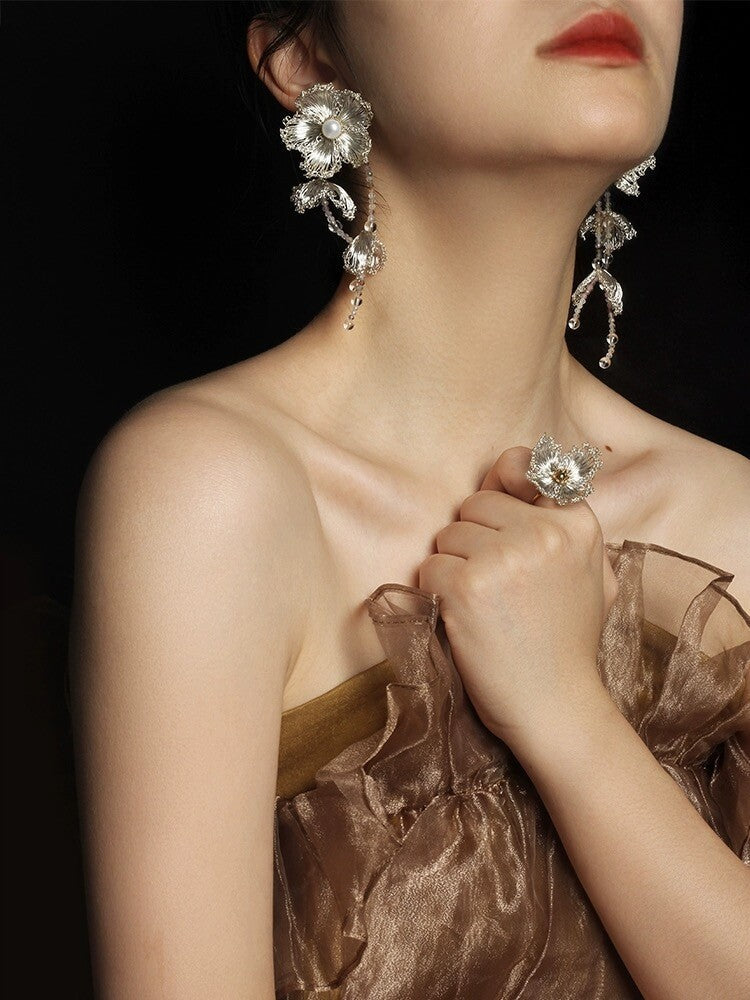 Crochet Hawthorn Flowers Tassel Earrings