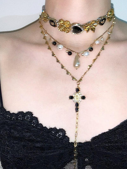 Cross Heart Pendant Layered Choker Necklace