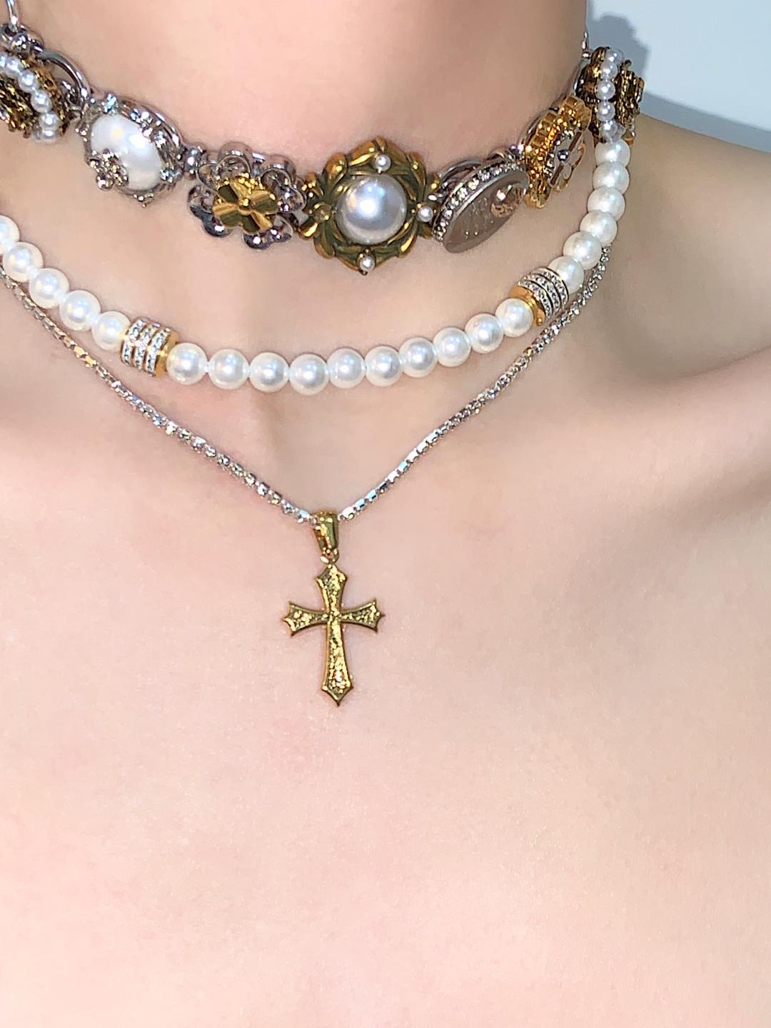 Cross Pendant Buttons Layered Choker Necklace