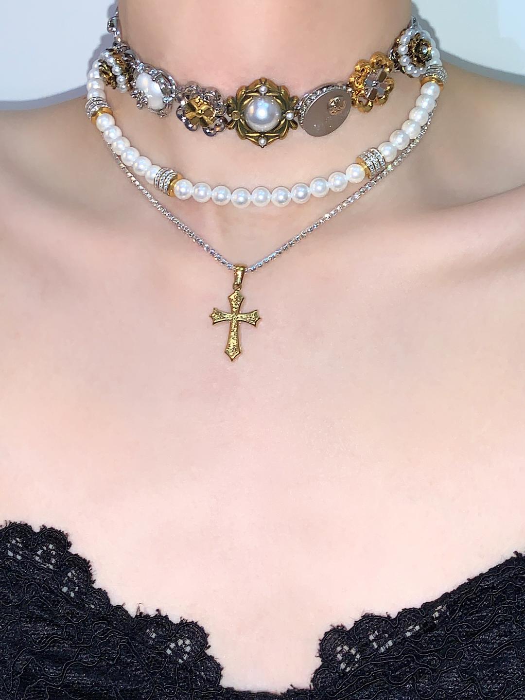 Cross Pendant Buttons Layered Choker Necklace