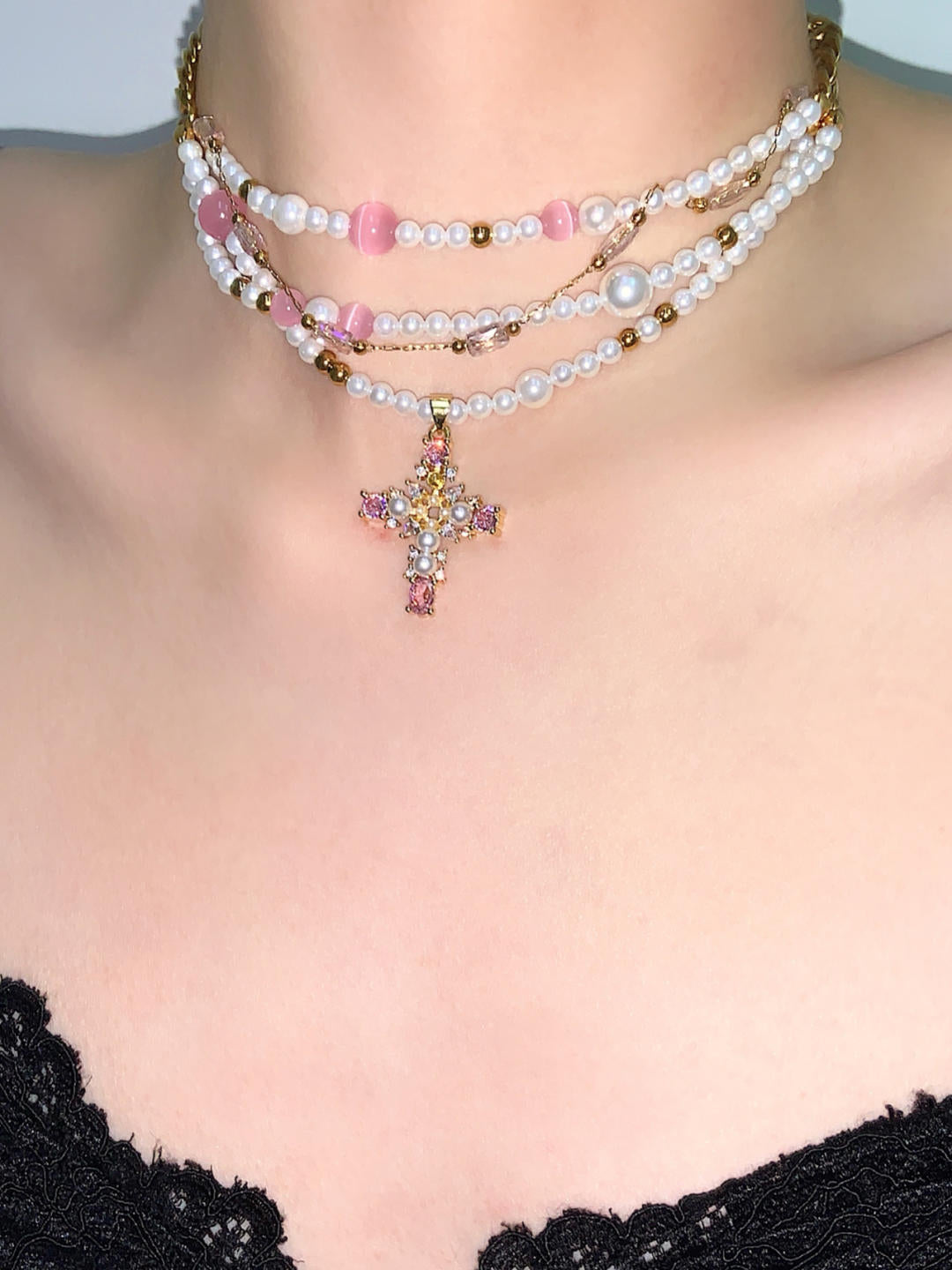 Cross Pendant Layered Choker Necklace