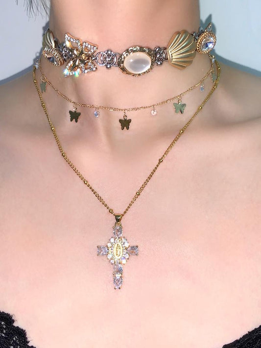 Cross Pendant Shell Layered Choker Necklace
