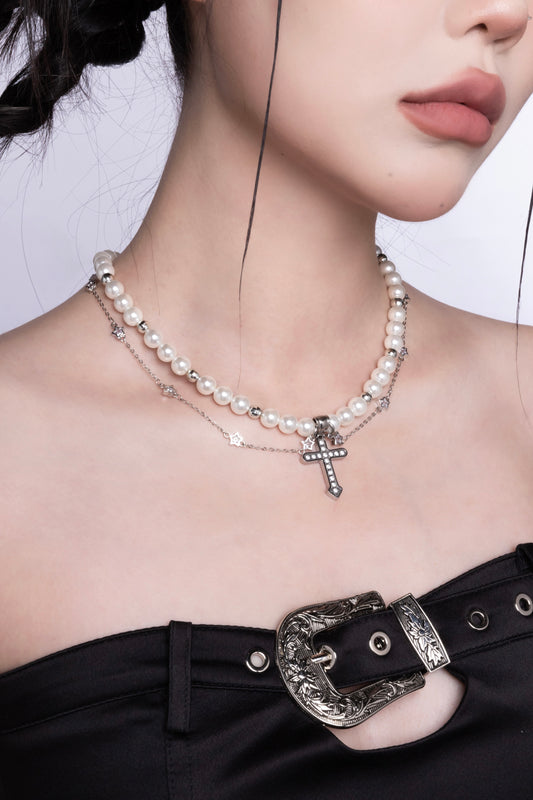 Cross Pendant Stars Pearl Necklace