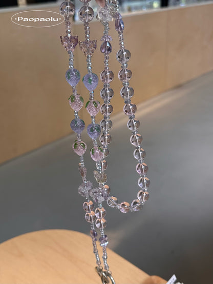Crystal Strawberry Glow Beaded Long Phone Chain