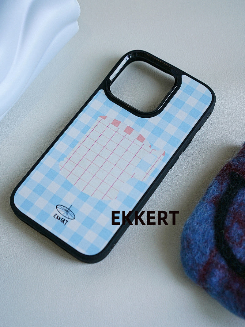 Cup Printed Blue Plaid Phone Case With MagSafe