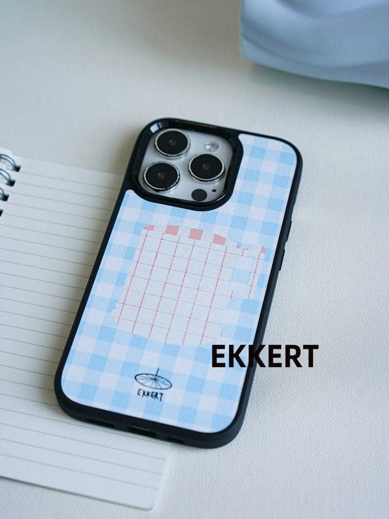 Cup Printed Blue Plaid Phone Case With MagSafe