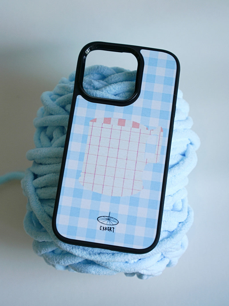 Cup Printed Blue Plaid Phone Case With MagSafe