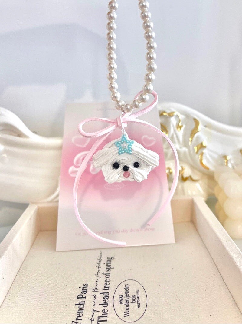 Cute Cream Maltese Dog Pearl Necklace