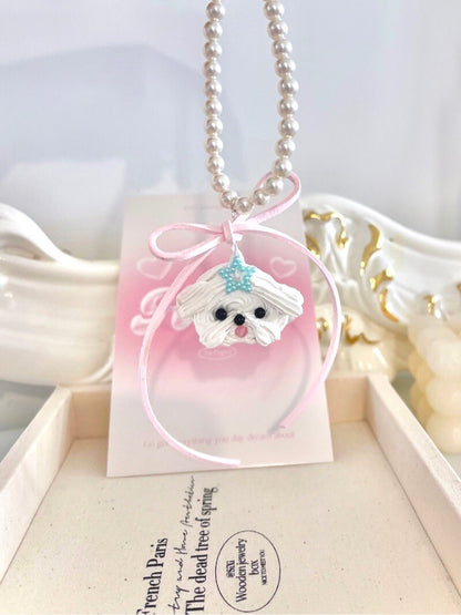 Cute Cream Maltese Dog Pearl Necklace