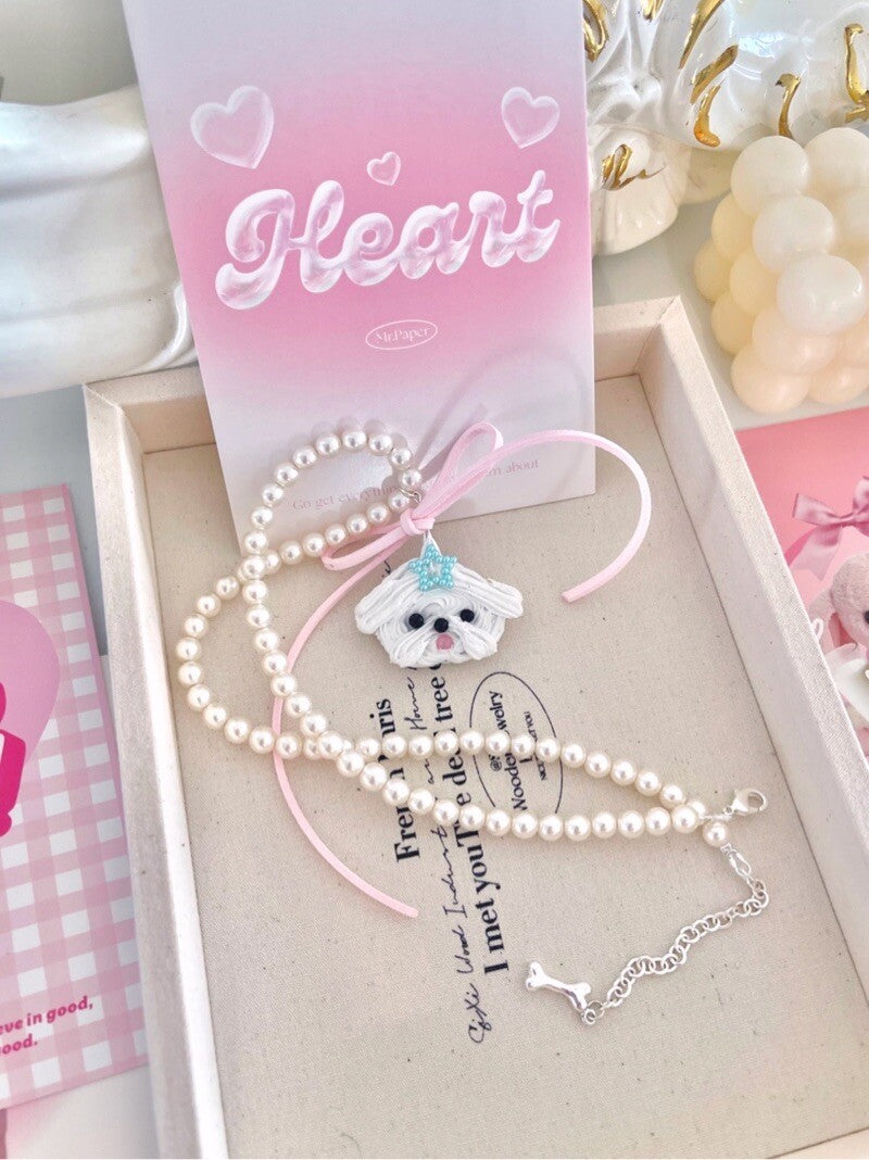 Cute Cream Maltese Dog Pearl Necklace