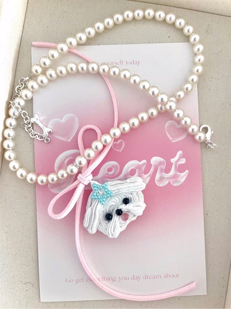 Cute Cream Maltese Dog Pearl Necklace