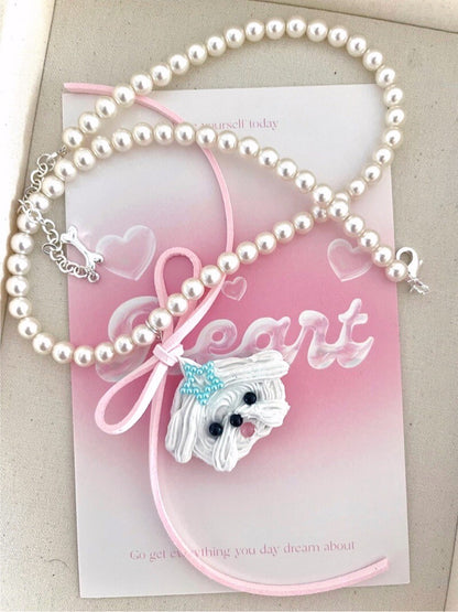 Cute Cream Maltese Dog Pearl Necklace
