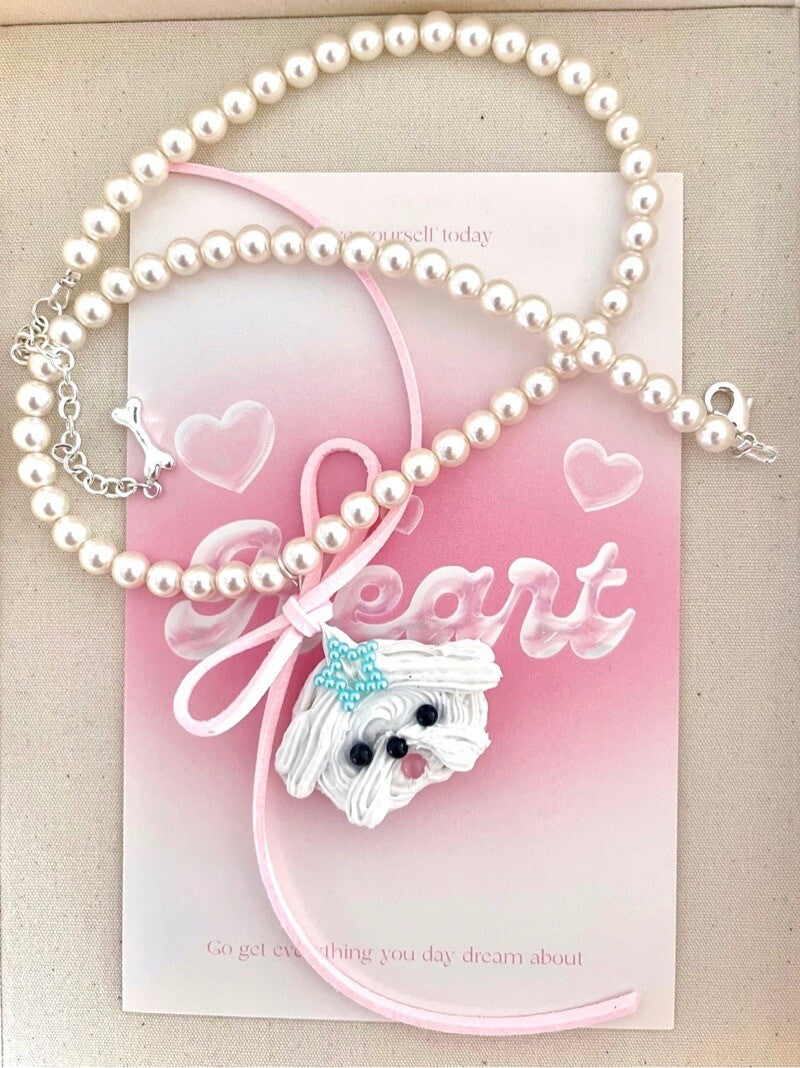 Cute Cream Maltese Dog Pearl Necklace