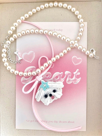 Cute Cream Maltese Dog Pearl Necklace