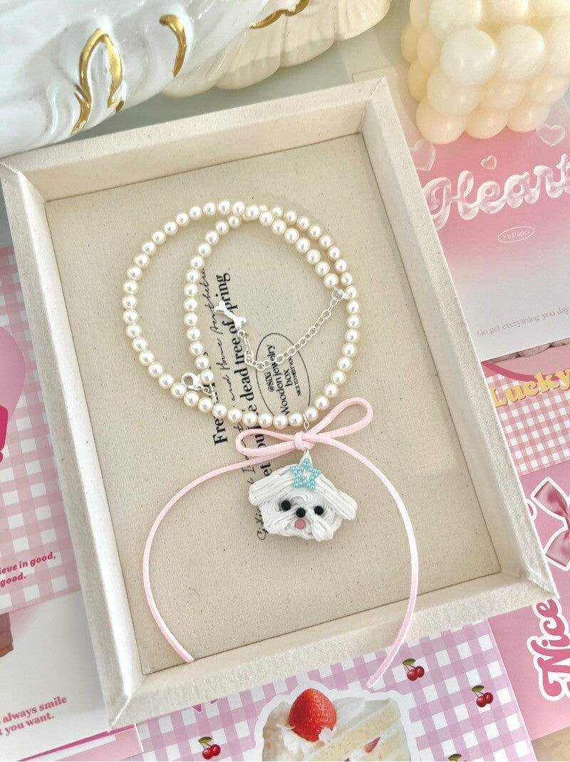 Cute Cream Maltese Dog Pearl Necklace