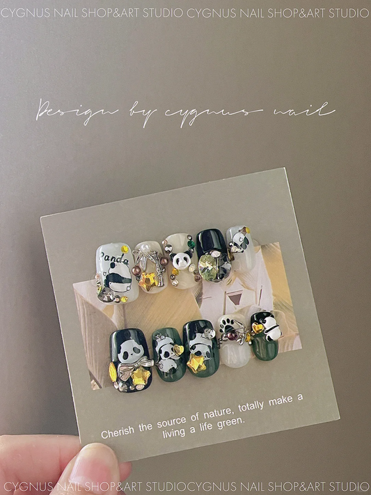 Cute Panda Hand Painted Press On Nails Set