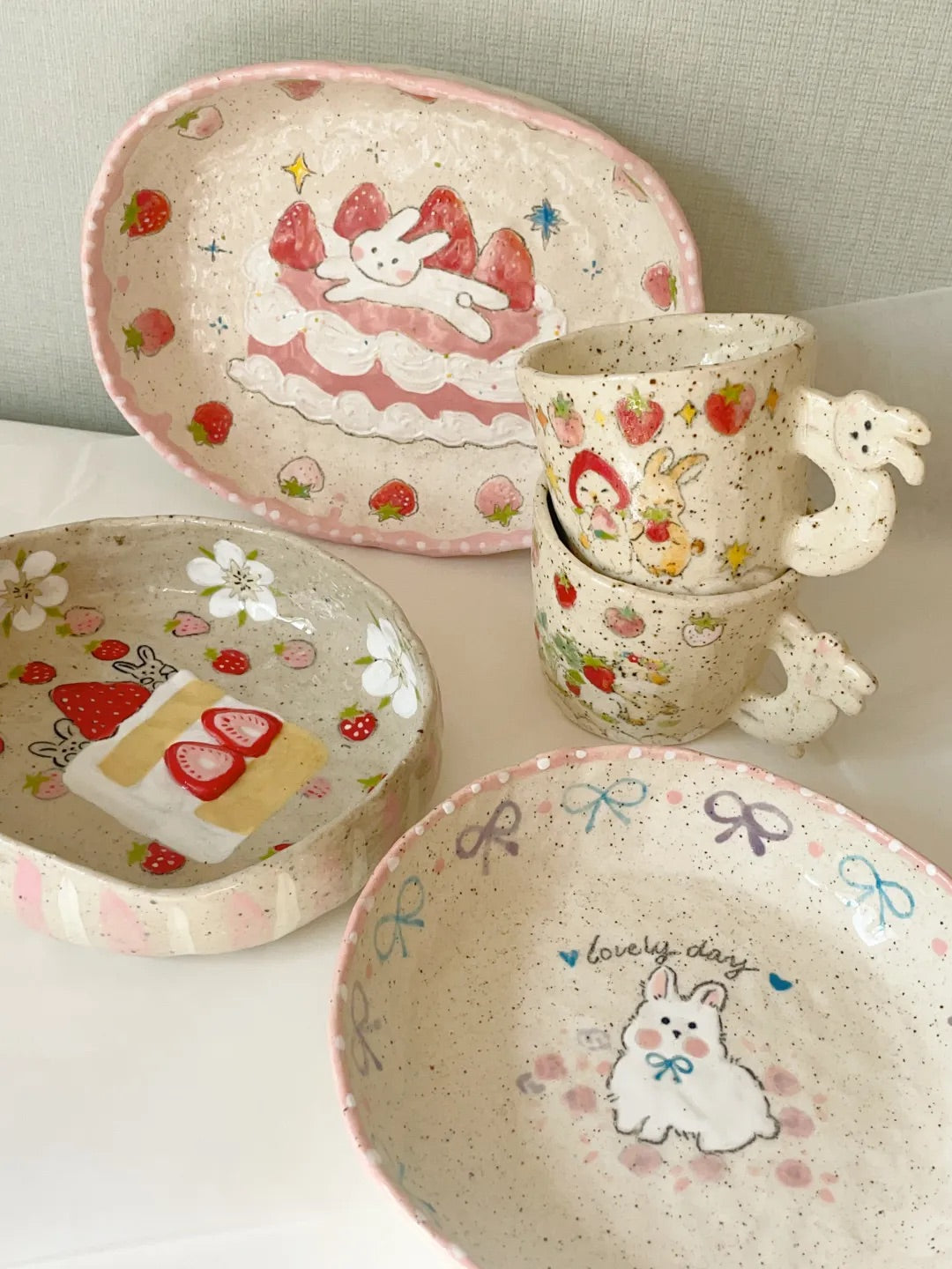 Strawberry Bunny Hand-Painted Ceramic Plate | Mug/Cup | Three Fleas