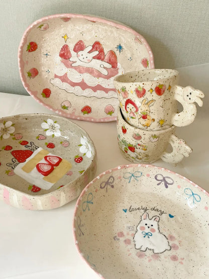 Strawberry Bunny Hand-Painted Ceramic Plate | Mug/Cup | Three Fleas