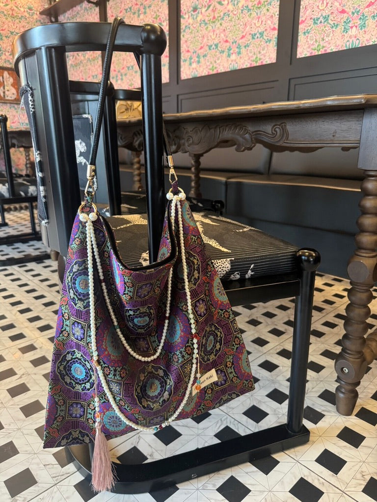 [Chinoiserie]Good Fortune Purple Beaded Tassel Silk Bag