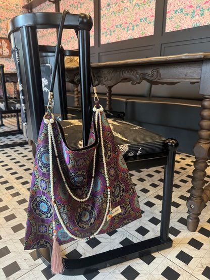 [Chinoiserie]Good Fortune Purple Beaded Tassel Silk Bag