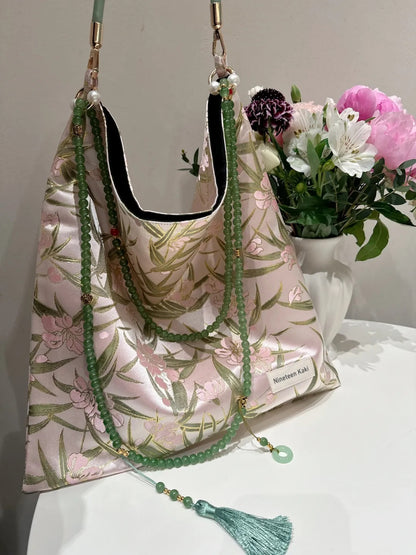 [Chinoiserie] Pink Peach Blossom Bamboo Leaf Beaded Tassel Silk Bag