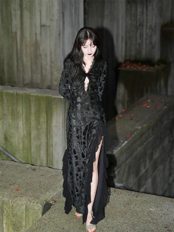 Black Python High-Slit New Chinese Lace Dress